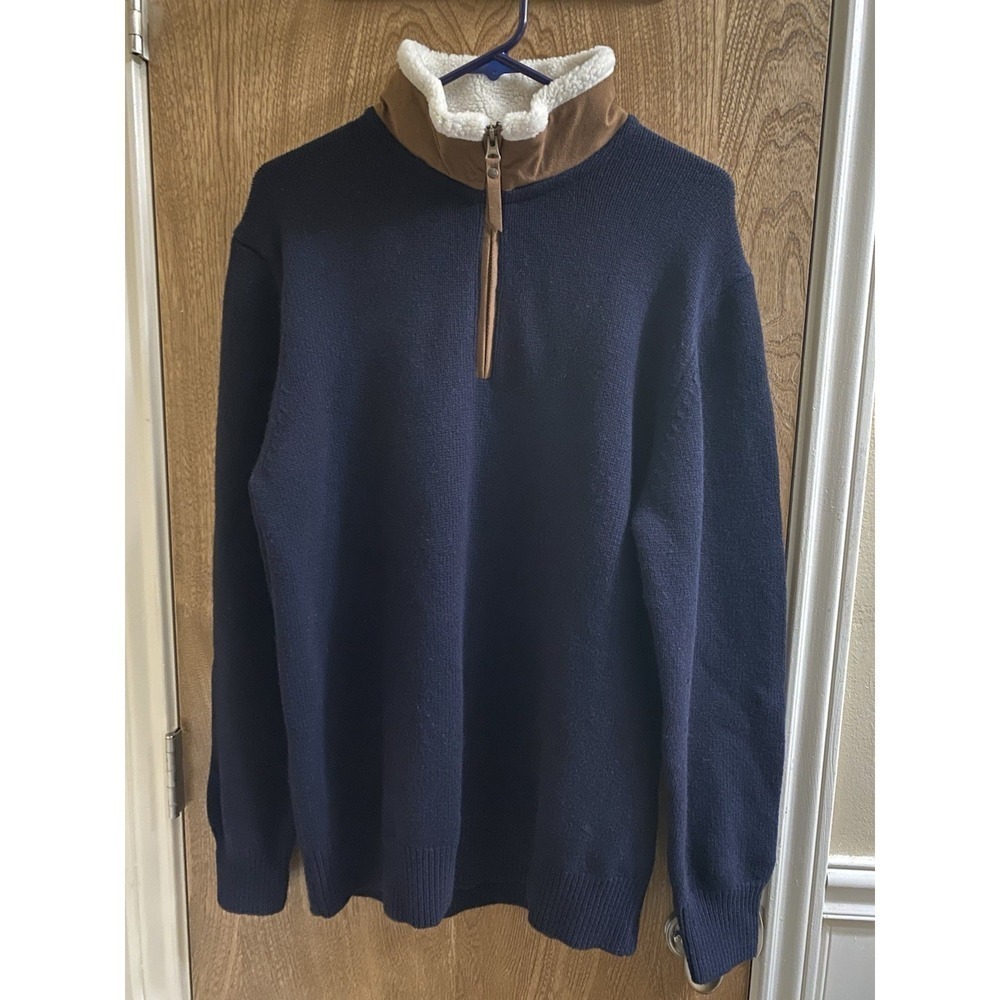 Orvis Men's Navy Blue Lambs Wool Pullover Sweater Suede Sherpa Collar 1/4 Zip M